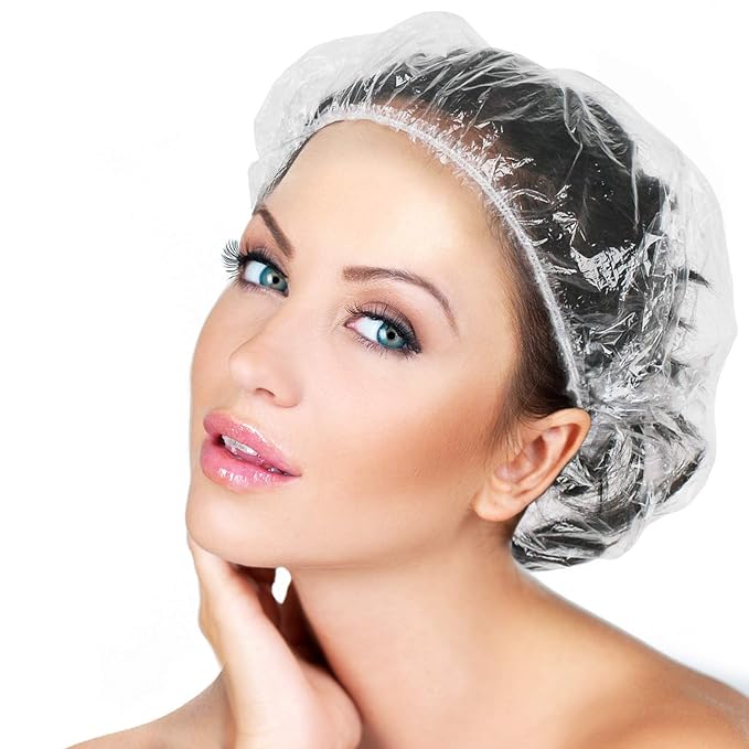 100PCS Larger Shower Caps Disposable, Thicker Waterproof Plastic Elastic Hair Bath Caps, Plastic Hair Caps for Women, Spa, Home Use, Hotel and Hair Salon, Portable Travel