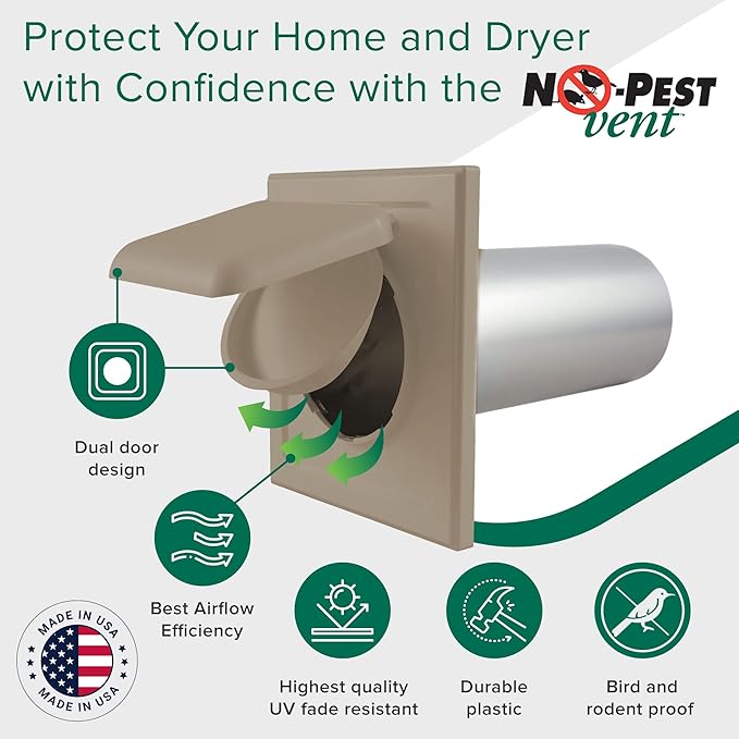 NO-PEST VENT, Exclusive Dual Door Dryer Vent Cover Outdoor 4 inch or Bathroom fan, Made in USA w Highest UV Resistant Plastic in any Outdoor Vent Cover (Woodstock Brown, 4 inch With 12" Duct Tube)