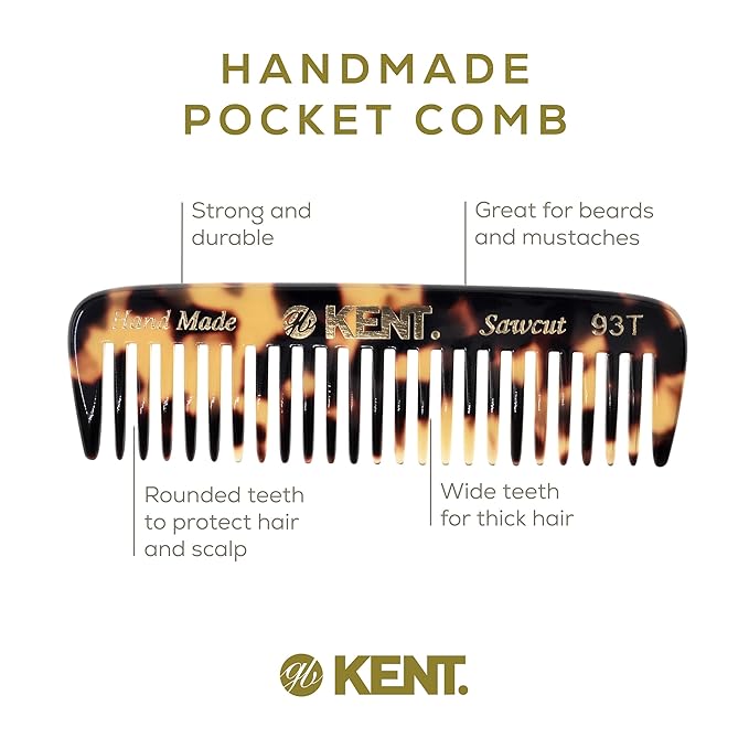 Kent 93T Tokyo Yellow Beard Comb for Men - Wide Tooth Men's Comb, Ideal For Mustaches and Beards and Facial Hair, Small Pocket Sized Travel Detangler Combs, Saw-Cut, Hand Polished, Made in England