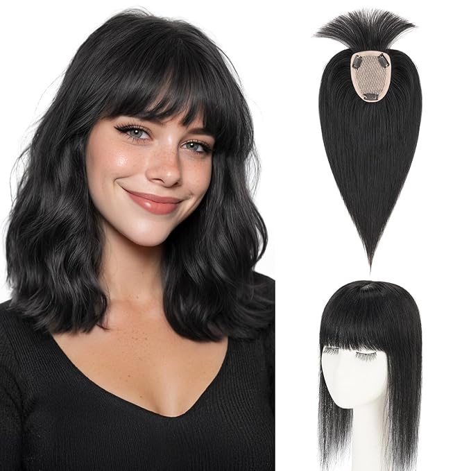 Hairro Human Hair Toppers with Wispy Bangs, 3.5x4.7" Hand-wovened Base for Women with Thinning Hair, Lightweight & Breathable Realistic Scalp, Clip-in Hairpieces for Easy Wear, 10 Inch Jet Black