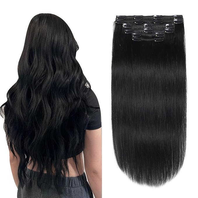 XDhair Clip in Hair Extensions Human Hair 120g 18Inch Black Clip Remy in Hair Extensions 6Pcs Straight Real Hair for Women (#1,18Inch)