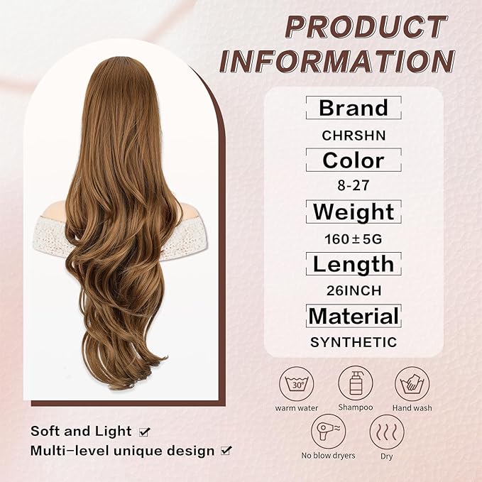 Ponytail Extension, Drawstring Ponytail Extension for Women 26 Inch Long Wavy Brown Pony Tails Hair Extensions Synthetic Clip in Ponytail Hairpiece for Women 8/27