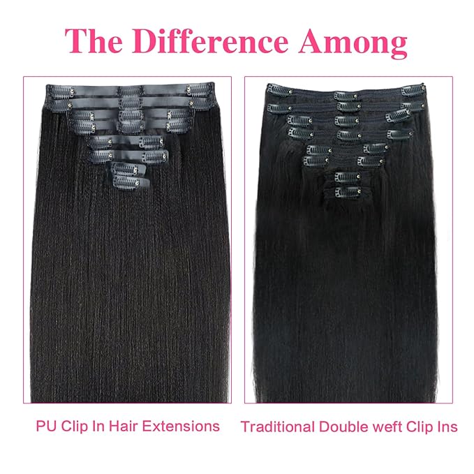 Seamless PU Yaki Straight Clip in Hair Extensions Real Human Hair For Women Invisible Yaki Straight Clip ins (16inch,#1B)