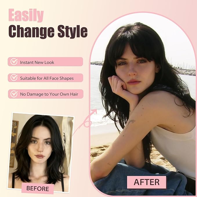 Clip in Bangs, Synthetic French Bangs Hair Clip, Wine Red Fake Bangs Fringe with Temples Hairpieces for Women Natural Curved Hair Extensions for Daily Wear