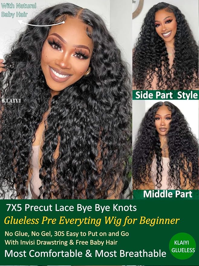 KLAIYI Bye Bye Slip™ Water Wave 7X5 Precut Lace Front Human Hair Wig Drawstring Glueless 3S Ready to Wear and Go Wig with Baby Hair Pre Plucked Bleached Bye Bye Knots Curly Wig 180%Density Full 26Inch