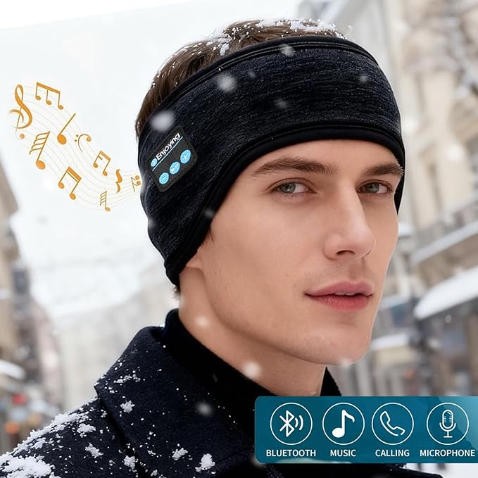 Bluetooth Headband Headphones Double-Layer Ear Warmer for Men Women Winter Cold Weather Wireless Music Thick Fleece Lined Ear Muffs Outdoor Sports Running Cycling (Black)