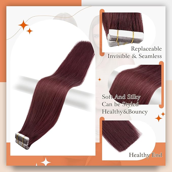 Full Shine Burgundy Tape in Hair Extensions Straight 99J Wine Red Remy Adhesive Tape in Extensions Human Hair 20 Inch Invisible Seamless Skin Weft 50 Gram 20 Pcs for Wedding Add Length