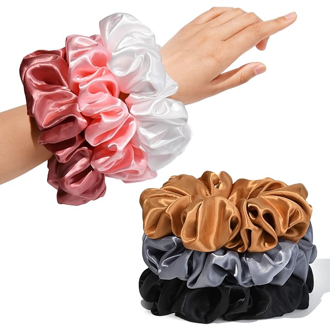 CEELGON Large Silk Satin Scrunchies for Women - Big Jumbo Hair Ties for Thick Curly Hair - Pack of 6 (Black, Pink, Dusty Blue, Gold, White)