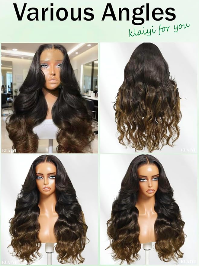 KLAIYI Ombre Brown Loose Body Wave 13x4Pre Everything Lace Frontal Chestnut Brown Drawstring Wig with Face Framing Layers Precut Lace Pre Plucked Bleached Bye Bye Knots Ready to Wear and Go Wig 26Inch