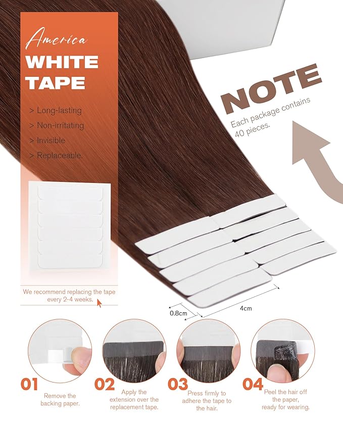 Sunny Hair Tape in Hair Extensions Human Hair, 12inch 40Pcs Auburn Brown Human Hair Tape in Extensions Remy Invisible Tape ins Human Hair Extensions Straight