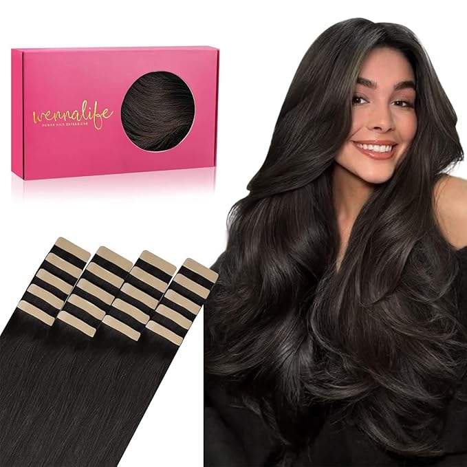 WENNALIFE Tape in Hair Extensions Human Hair, 20pcs 50g 14 inch Dark Brown Remy Hair Extensions for Women Tape Ins Straight Extensiones De Cabello Humano Skin Weft