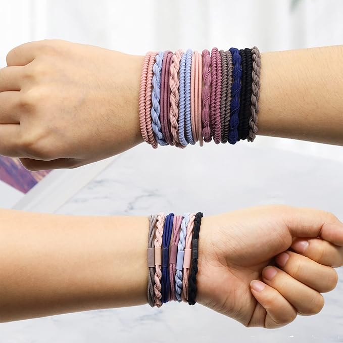 MEMOVAN Hair Tie Bracelets 24pcs Boho Ponytail Holders - Seamless Braided Elastic Cotton Hair Bands for Women, Girls, Thick, Thin, and Curly Hair