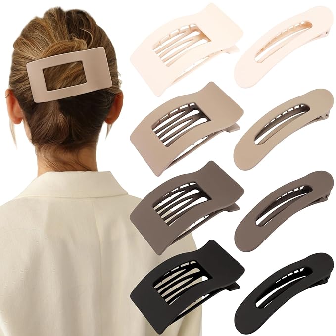 Velscrun Flat Hair Clips for Women Girls, 2 Styles 8 Pcs Lay Flat Claw Clips, Strong Hold French Duck Billed Large Side Hair Jaw Clip for All Hair Types, Fashion Trendy Hair Accessories Brown