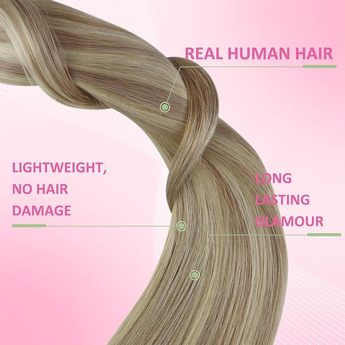 YoungSee Human Hair Tape in Extensions Blonde Highlight Real Hair Tape in Extensions for Women Tape-in Remy Hair Extension Blonde 16In 20pcs 50g Easy to Apply