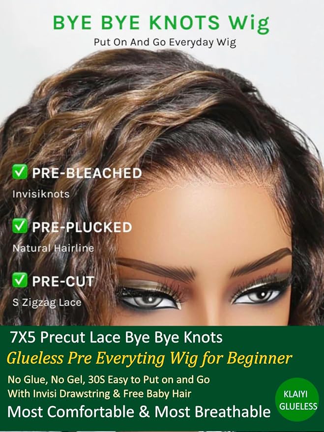 KLAIYI Golden Brown Water Wave Bye Bye Knots Glueless Wig Human Hair Highlight 7x5 Precut Lace Front Pre Plucked Bleached Ombre 3S Ready to Wear Go Beginners Wig with Dark Roots Deep Curly Wave 22Inch