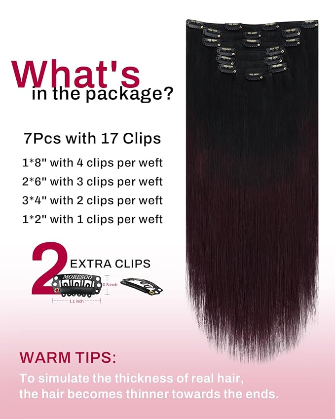 Moresoo Clip in Hair Extensions Remy Double Weft Human Hair Clip in Extensions Balayage Straight Hair Extensions for Women Ombre Black with Burgundy 7pcs 120g 16inch