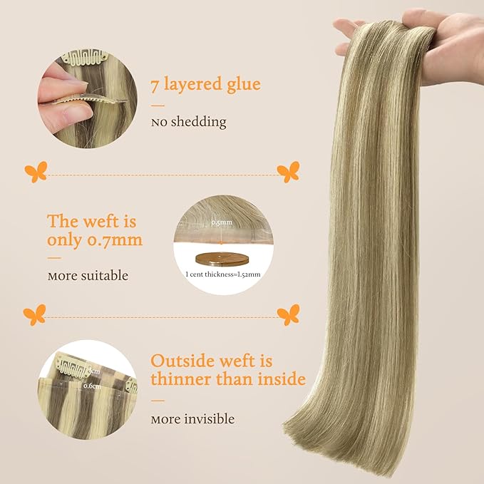 DOORES Seamless Clip in Human Hair Extensions, Light Brown Highlighted Medium Blonde 20 Inch 7pcs 110g, Clip in Straight Remy Invisi Edge Hair Extensions