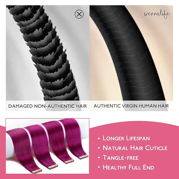 WENNALIFE Tape in Hair Extensions Human Hair Violet Tape in Extensions, 10pcs 30g 20 inch Remy Invisible Tape Ins Straight Colored Soft Real Human Hair Tape in Extensions Refill Set Extensions