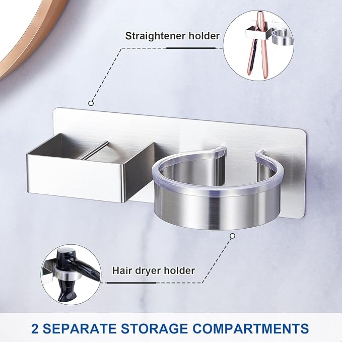 Hair Dryer Holder Blow Dryer Holder Wall Mounted, Adhesive Hair Straightener Holder, Hair Tool Organizer for Curling Iron Holder, Metal Hairdryer Holder Storage Organizer for Bathroom Vanity,Silver