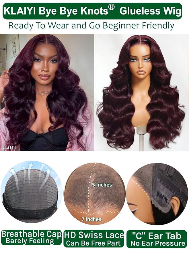 KLAIYI Black Cherry Loose Body Wave Bye Bye Knots Glueless Wig 7x5Precut Lace Front Wigs Human Hair Drawstring Pre Plucked Bleached 30S Ready to Wear and Go Wig with Face Framing Bangs Burgundy 20Inch