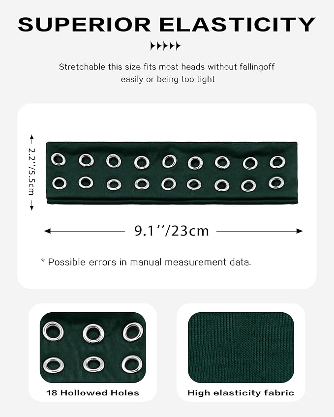 Grommet Headband for Women, Green 23cm Hollow Out Elastic Hair Band, Eyelets Punk Grunge Stylish Hairband