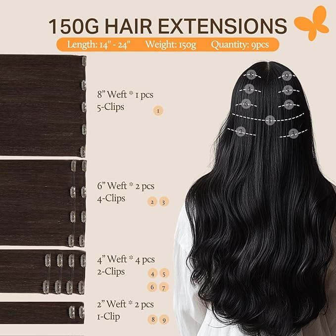 DOORES Human Hair Extensions Clip in, Light Dark Brown 14 Inch 150g 9pcs, Hair Extensions Real Human Hair Remy Hair Extensions Clip in Human Hair Straight Thick Extensions Human Hair Natural