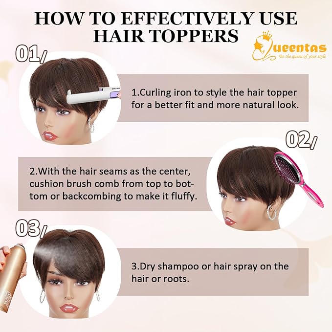 QUEENTAS Brown Short Hair Toppers for Women with Thinning Hair 360°3D Cover with 3 Clips Hair Pieces Wispy Bangs 4.6"*3.6" Coverage(Chocolate Brown/#4)