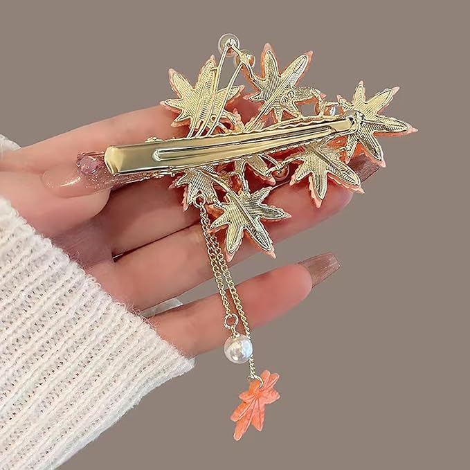 Fall Maple Leaf Hair Clip for Women Tassel Metal Maple Leaf Hair Barrettes Pearl Hair Accessories for Women Thanksgiving Birthday Presents Decorations