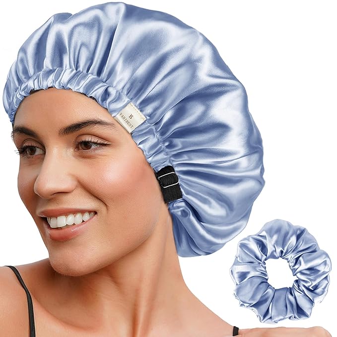 YANIBEST Adjustable Satin Bonnet Double Layer Hair Bonnet for Sleeping Bonnets for Women Hats Curly Natural Hair, Sky Blue