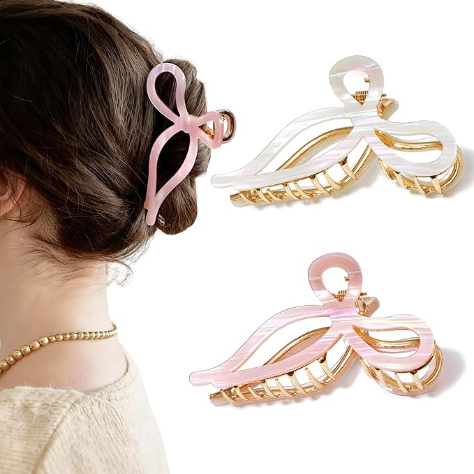 Mesovor 2 Pack Gold Metal Bow Hair Claw Clips, Nonslip 4.3" Large Hair Grip Hairclips for Thin and Thick | Acrylic Metal Strong Hold Claw Clip (Mermaid Stripes)