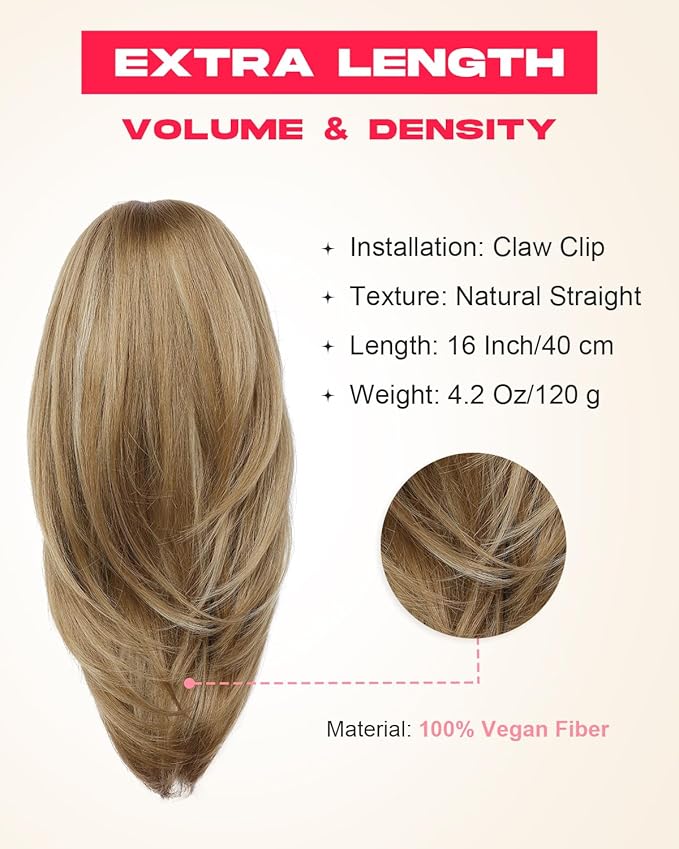 Ponytail Extension – 16” Claw Clip in Ponytail Hair Extensions Natural Soft Synthetic High Pony Tail Hairpieces for Women (Honey Blonde with Highlights, 16 inch)