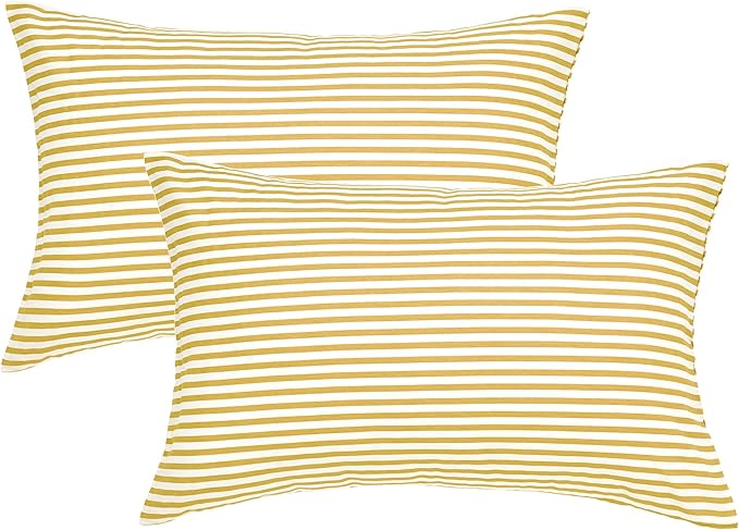 JELLYMONI 100% Cotton Striped Standard Pillowcases Set, 2 Pack White and mustard Yellow Stripes Pillow Covers with Envelope Closure(Pillows are not Included)