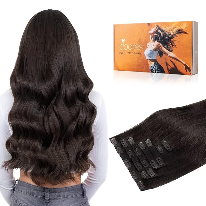 DOORES Human Hair Extensions Clip in, Dark Brown 80g 7pcs 12 Inch, Thick Clip in Hair Extensions Remy Natural for Women Gift
