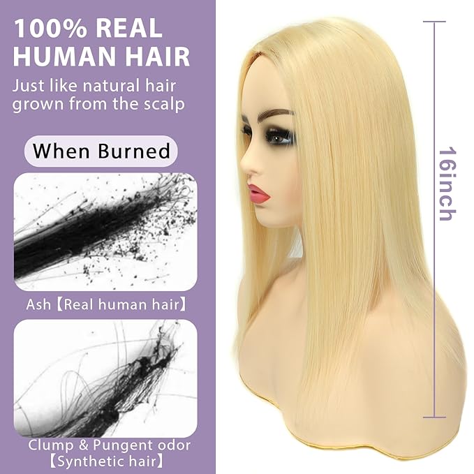 16 Inch Length Hair Toppers for Women with Thinning Hair, 3x5 Inch Injected Silk Base 130% Density Hairpieces #613 Bleach Blonde