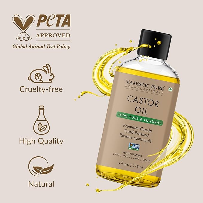 Majestic Pure Castor Oil with Applicator - 100% Pure & Natural - Premium Grade, Cold Pressed, Hexane Free - Hair, Eyelashes, Eyebrows, Nails - Moisturizing & Nourishing - 4 Fl Oz