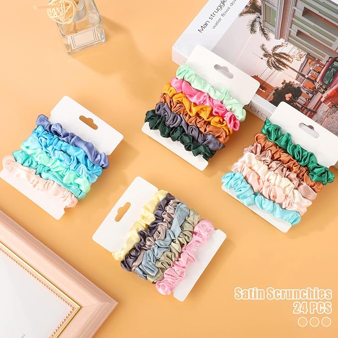 24Pcs Satin Scrunchies, 20 Colors Comfortable Silk Hair Scrunchies Skinny Hair Ties Elastics Ponytail Holders Stocking Stuffers for Women Girls