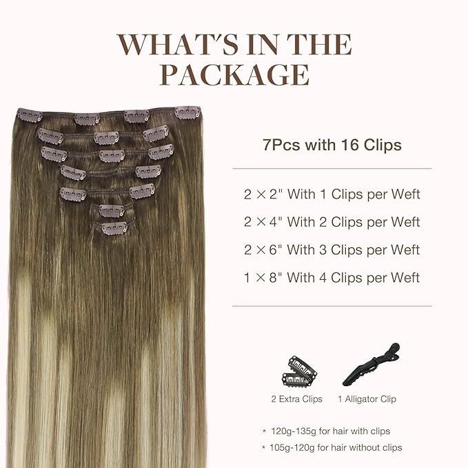 GOO GOO Clip in Hair Extensions Real Human Hair, Remy Human Hair Extensions Clip ins for Women, Natural Human Hair, 14inch 120g 7Pcs, 3/8/613 Balayage Walnut Brown to Ash Brown and Bleach Blonde