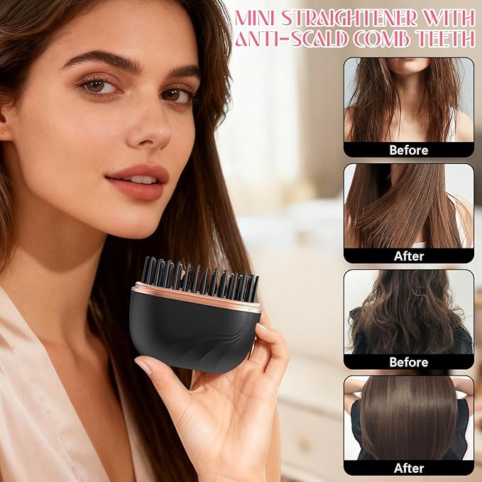 Mini Hair Straightener Brush, Wireless Rechargeable, 3-Speed Temperature Control, Portable for Home and Travel, Black (Pink)