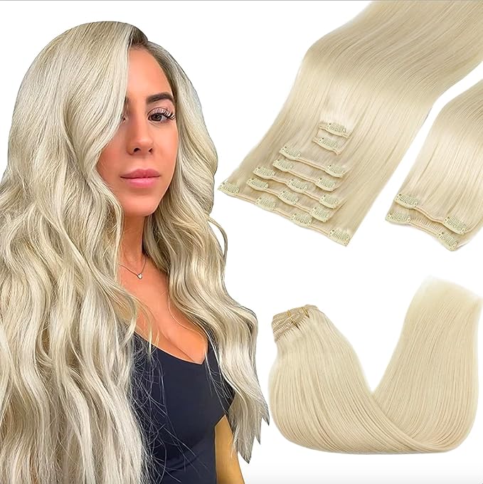 GOO GOO Clip in Hair Extensions Real Human Hair, Remy Human Hair Extensions Clip ins for Women, Natural Human Hair, 24inch 150g 9Pcs, #60A Platinum Blonde