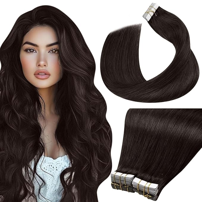 LaaVoo Darkest Brown Hair Extensions Tape in Real Human Hair Tape in Hair Extensions Human Hair Seamless Tape on Extensions 16inch 40pcs 80g