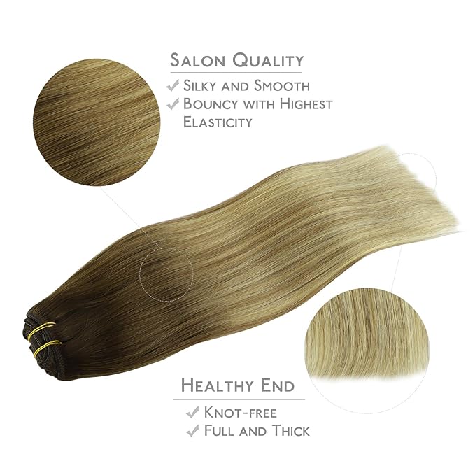 WENNALIFE Clip in Hair Extensions, 150g 14 Inch 9pcs Ombre Walnut Brown to Ash Brown and Bleach Blonde Human Hair Extensions Thicker Clip in Hair Extensions Real Human Hair Clip Set Double Weft