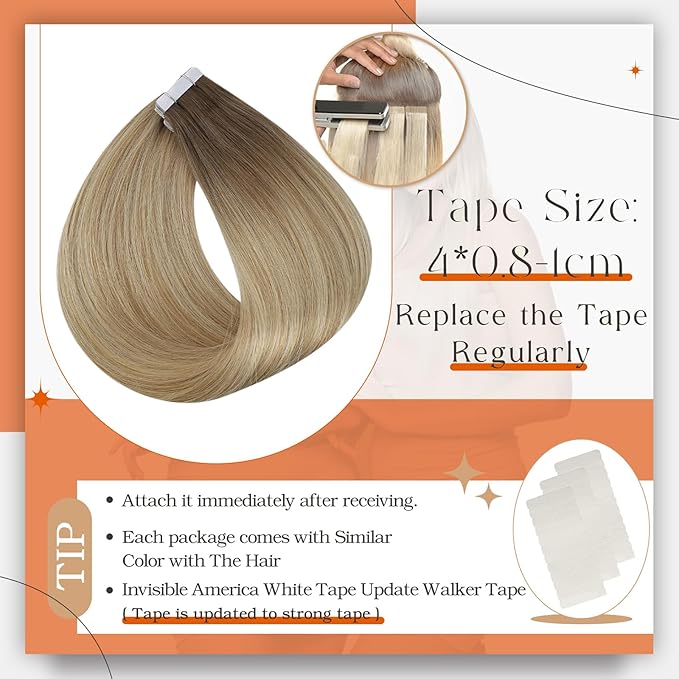 Full Shine Blonde And Brown Tape in Hair Extensions Color 6/27/60 Balayage Blonde Human Hair Tape in Exensions 100G Seamless Soft Skin Weft 20Inch Brazilian Extension Bridal Hairstyles 40Pcs