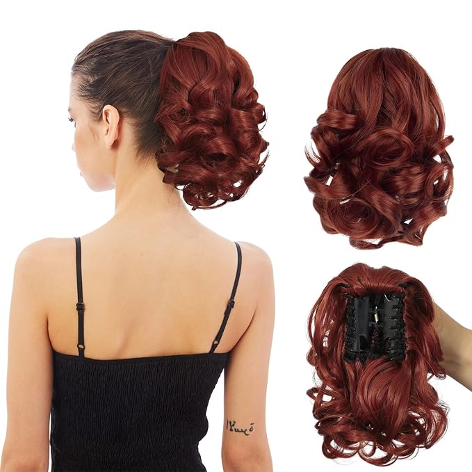 Ponytail Extension, Clip on Ponytails for Women, 9" Claw Clip in Short Curly Wavy Pony Hair Extension for Women - Red