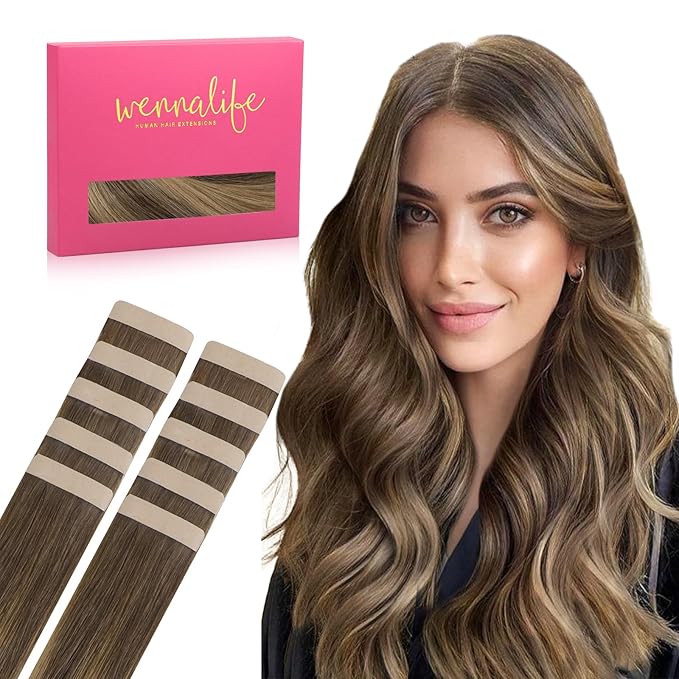 WENNALIFE Tape in Hair Extensions Human Hair Balayage Chocolate Brown to Caramel Blonde Tape in Extensions, 10pcs 30g 24 inch Remy Invisible Tape Ins Straight Soft Real Human Hair Tape in Extensions