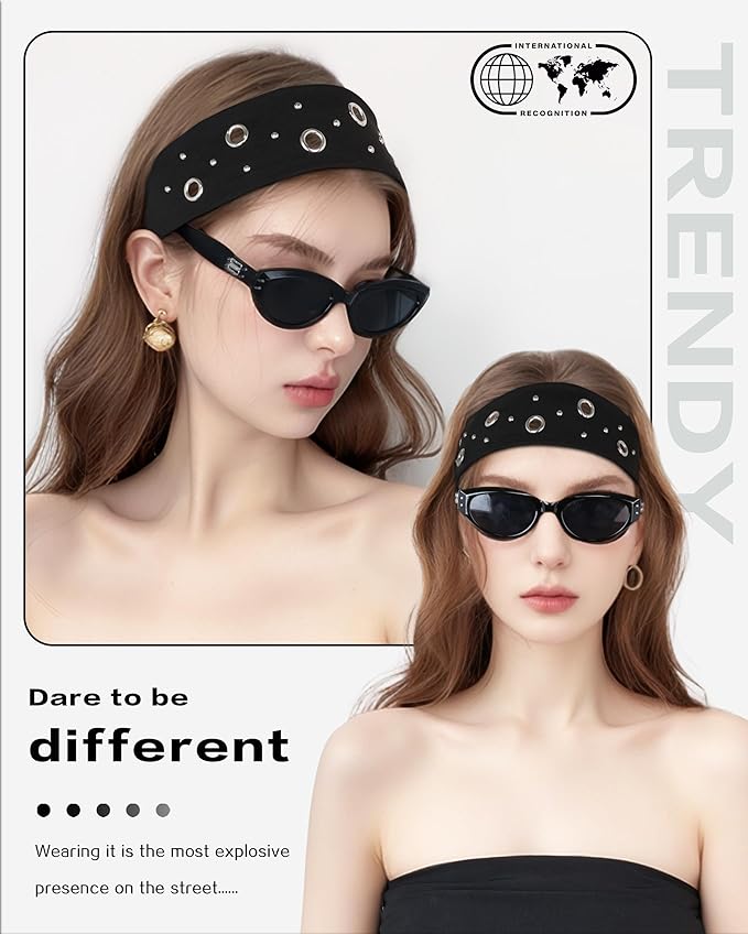 Grommet Headband for Women, Black Round Studs 23cm Hollow Out Elastic Hair Band, Eyelets Punk Grunge Stylish Hairband