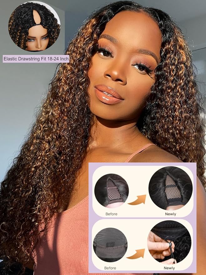 YIROO EasiContour V Part Wigs Ombre Brown Glueless Human Hair Upgrade U Part Wig with Dark Roots Highlight V Shape Clip Wigs Beginner Friendly with Drawstring Ready to Wear Chestnut Brown Color 18Inch