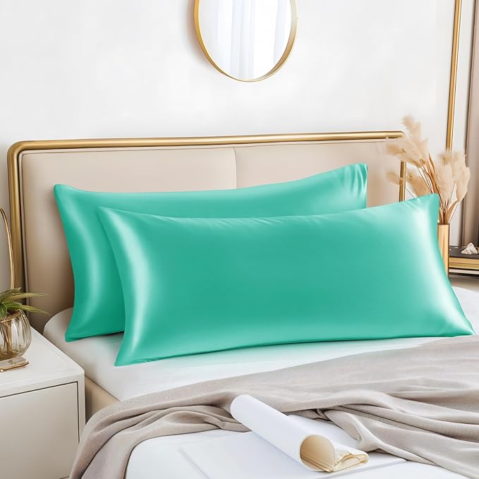 BEDELITE Satin Body Pillow Cover 2 Pack, Super Soft and Cooling Body Pillow Pillowcase for Hair and Skin, Breathable Silky Full Long Pillowcase Cover(20"x54", Turquoise)