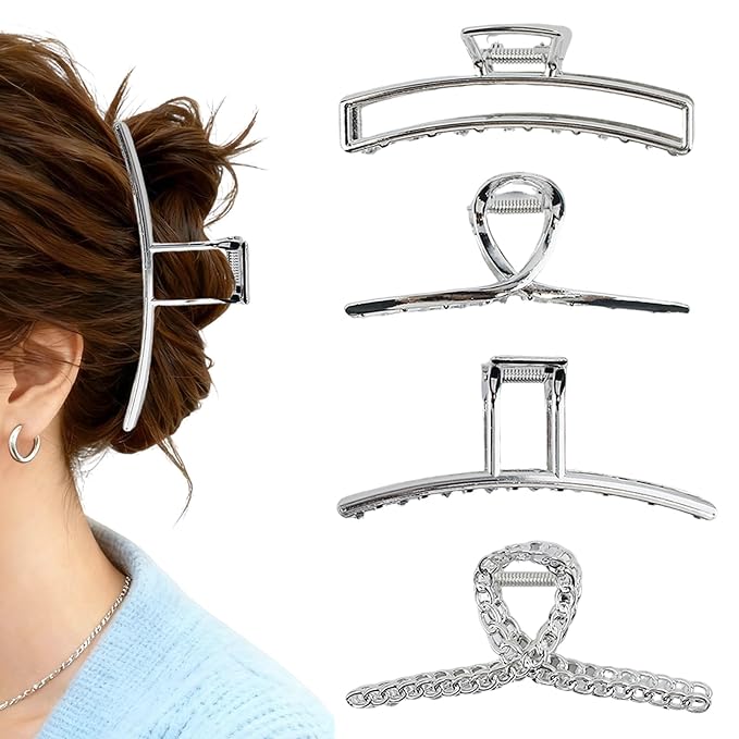 4 Pcs Large Metal Hair Claw Clips for Women, Non-slip Claw Clips with Strong Hold Jaw, Fashion Accessories for Thin Thick Long Curly Hair (Silver2)
