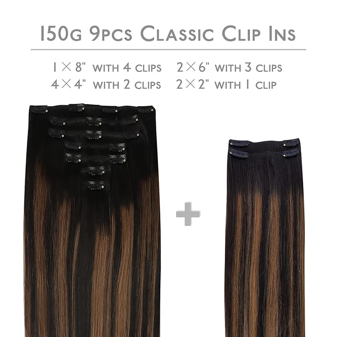 WENNALIFE Clip in Hair Extensions, 150g 18 Inch 9pcs Balayage Natural Black to Chestnut Brown Human Hair Extensions Thicker Clip in Hair Extensions Real Human Hair Clip Set Double Weft