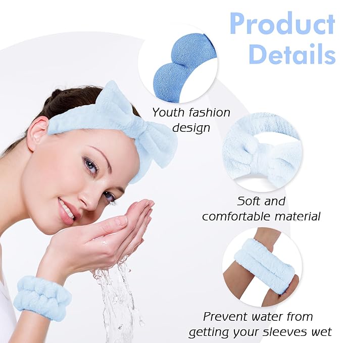 Zkptops 6Pcs Spa Headband for Washing Face Wristbands Set Women Bubble Skincare Makeup Sponge Terry Cloth Padded Puffy Headband Bow Tie Hairband Cute Non Slip Thick Hair Accessory Gifts(Dark Blue)